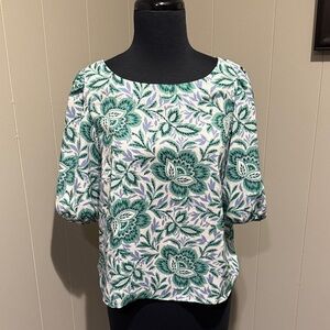 B19 Ann Taylor Boat Neck Floral Preppy Office Green White Blouse